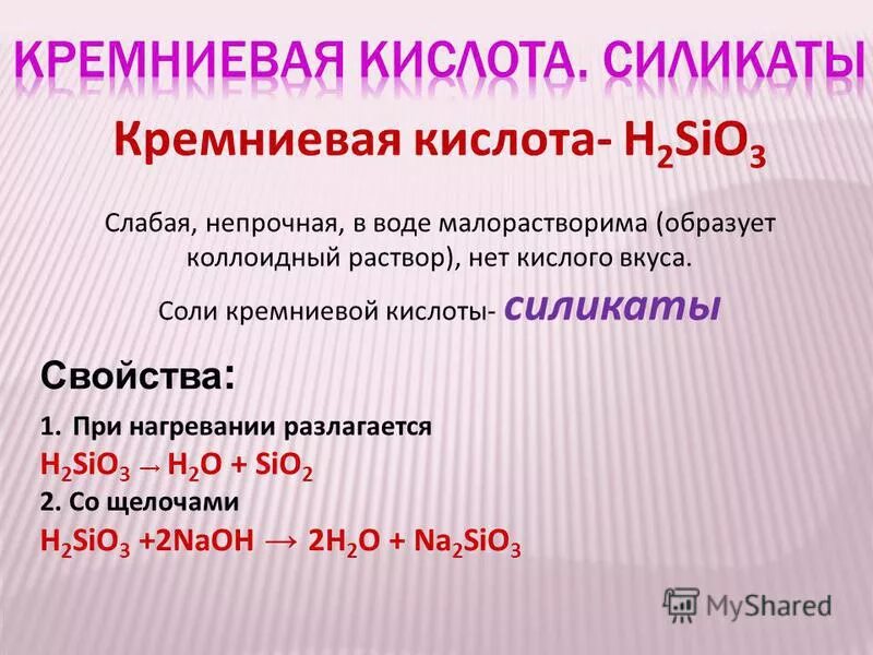 Свойства солей кремниевой кислоты