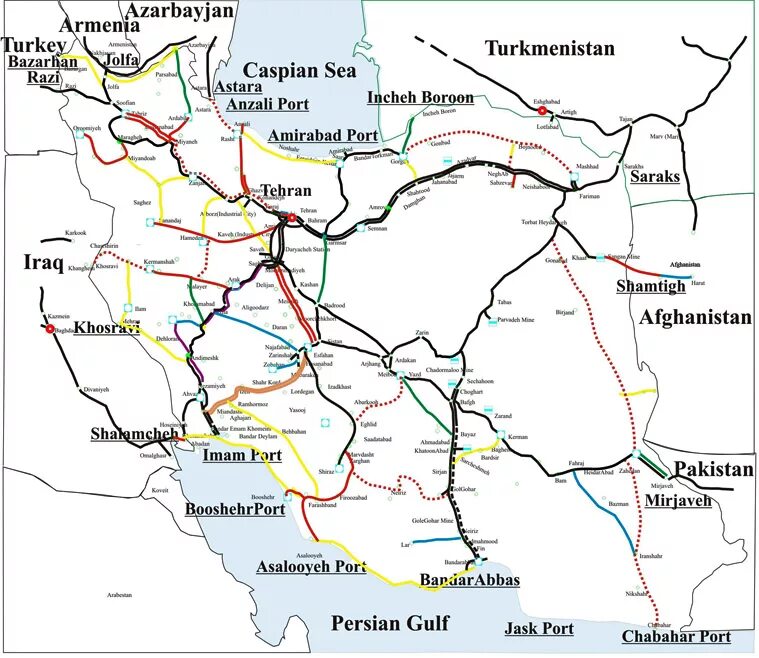 Железные дороги ирана. Карта железных дорог Ирана. Иран железнодорожные пути на карте. ЖД Ирана на карте. Схема ЖД дорог Ирана.