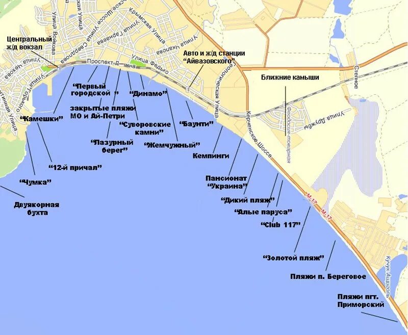 Береговое как доехать. Феодосия золотой пляж на карте. Феодосия пляжи на карте.