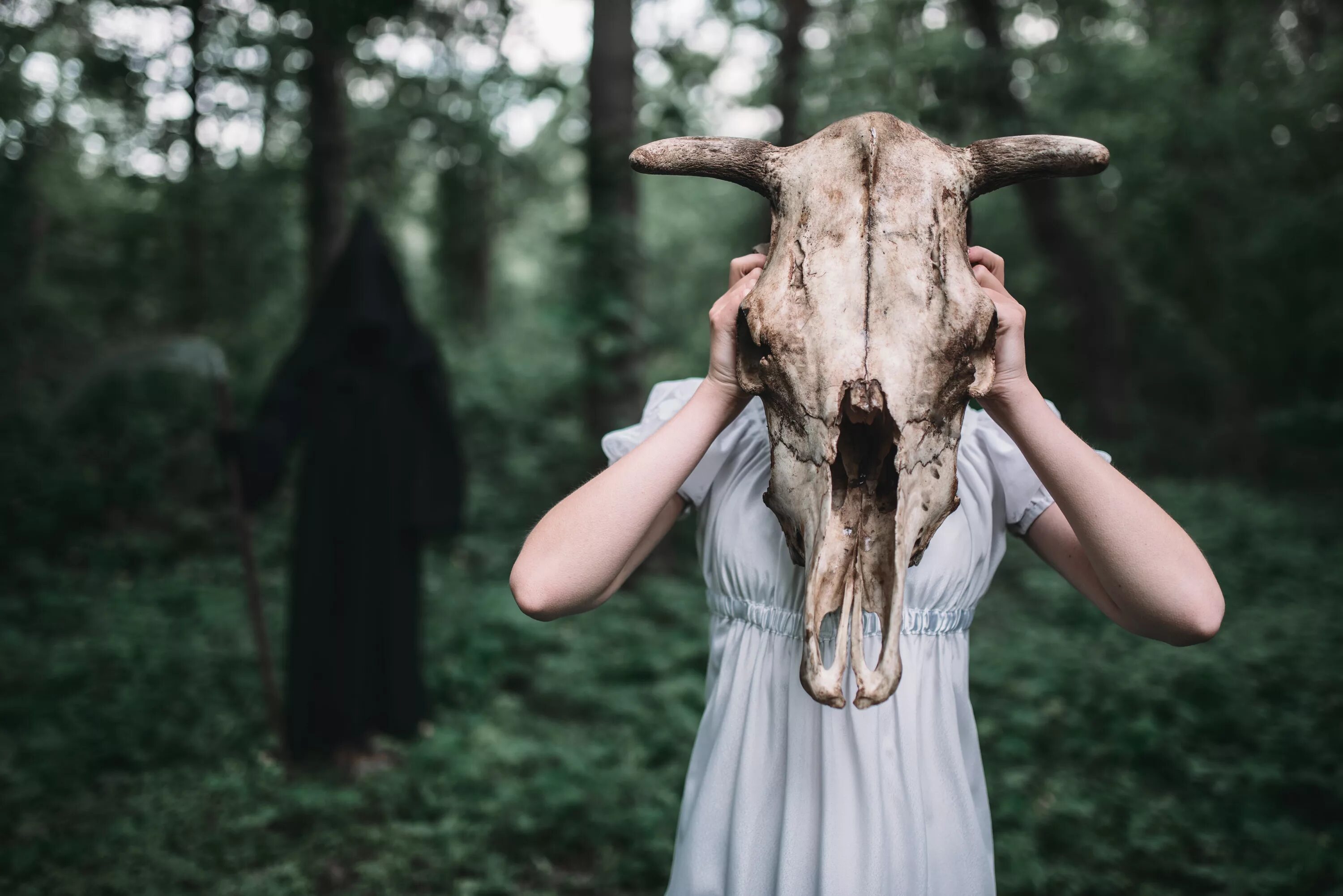 Голового человека. Девушка с черепом в лесу. Девушка с черепом животного. Череп животного на голове.