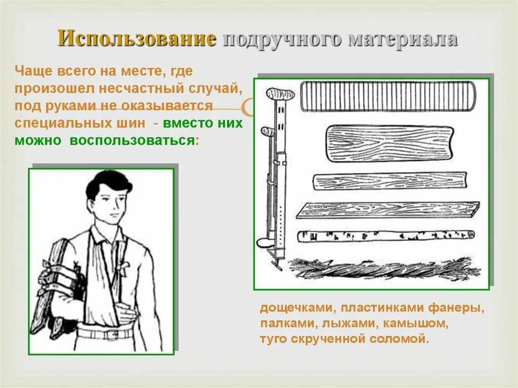 Использования в любой части. Материалы для иммобилизации. Иммобилизация подручными средствами. Материалы применяемые для иммобилизации. Подручные шины для иммобилизации.