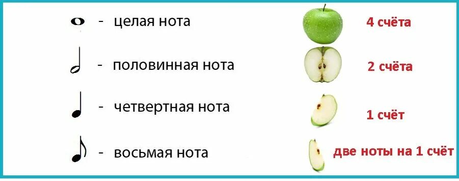 Половина после трех. Длительность нот яблоко. Длительности нот на примере яблока. Длительности нот для детей в картинках. Схема длительности нот.