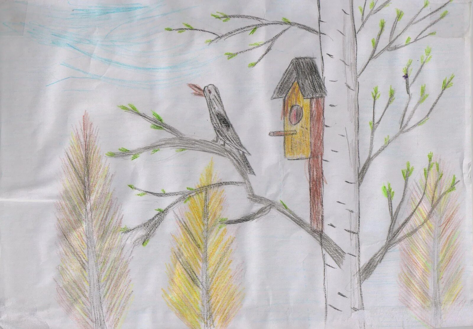Рисунок весны цветными карандашами. Весенние рисунки. Рисование весенних птиц.