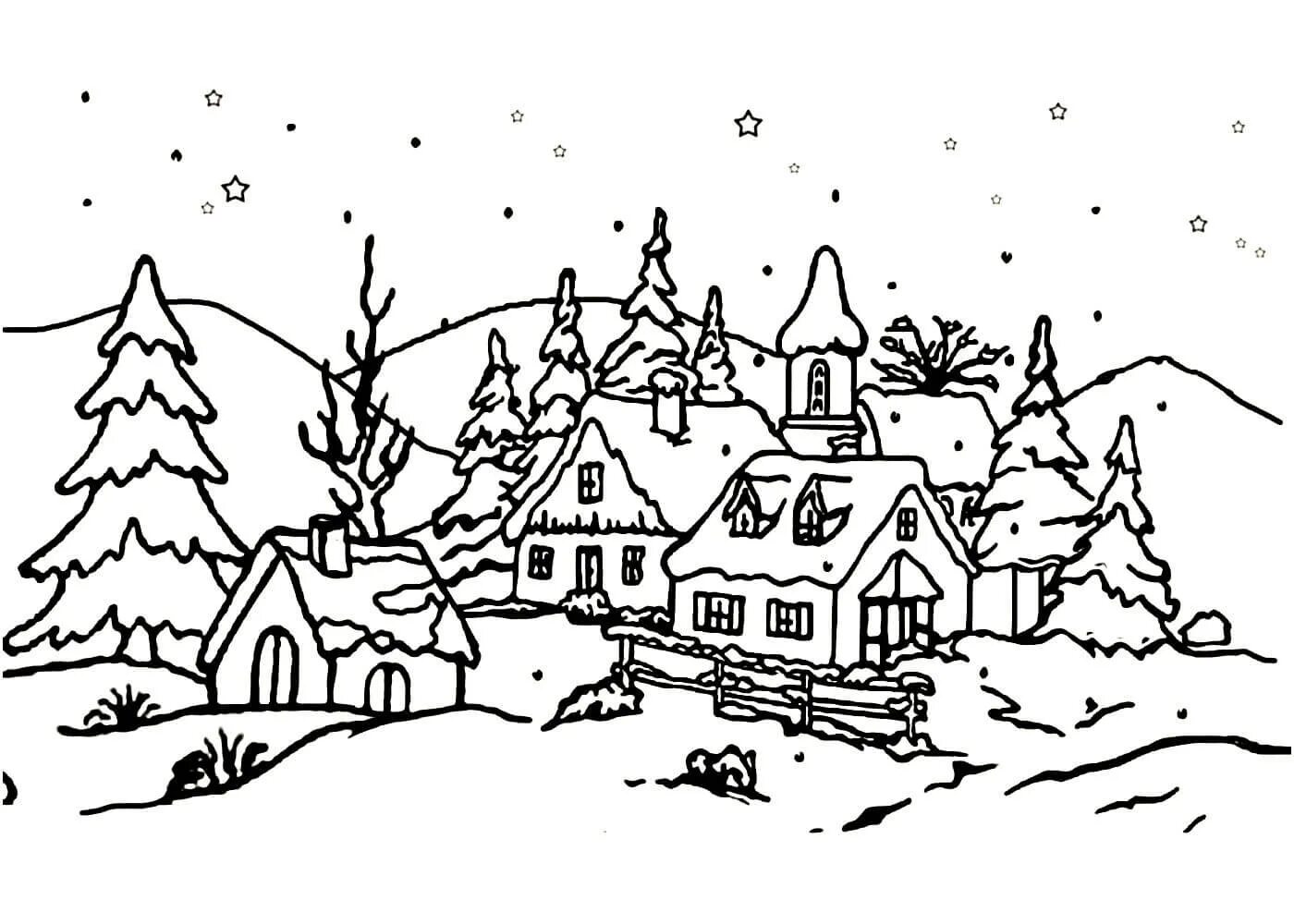 Раскраски пейзаж. Зимний пейзаж раскраска. Зимний пейзаж раскраска для детей. Рисунки зимы для срисовки. Зимняя деревня раскраска.