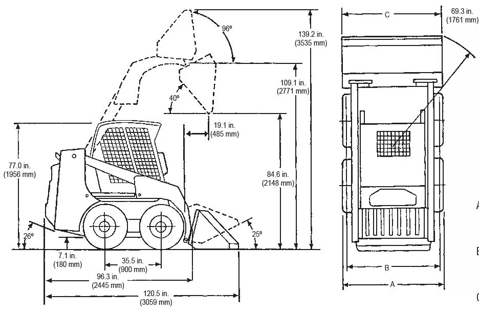 Bobcat размеры. Мини-погрузчик Bobcat s530 чертеж. Мини-погрузчик Bobcat s570 чертёж. Бобкэт 175s чертёж. Габариты погрузчика Бобкэт s100.