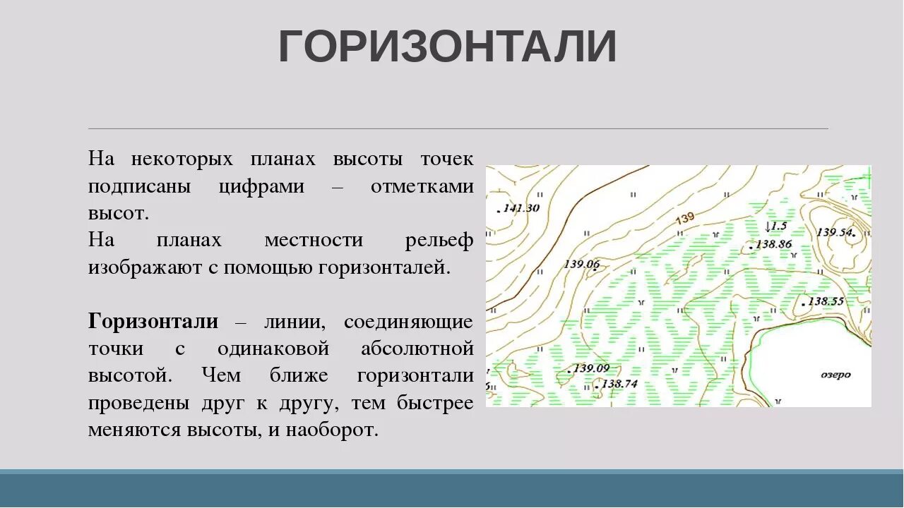 Признаки горизонтали. Горизонтали на плане местности. Расположение горизонталей. План рельефа местности. Понятие горизонтали.