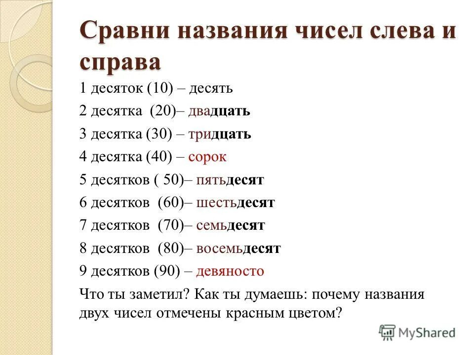 Название десятков. Названия десятков чисел. Цифры и их названия. Название круглых чисел.