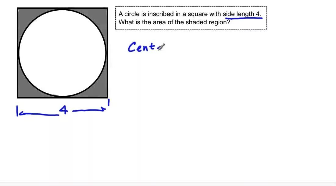 This in is a square. Area of circle. circle in a square. how to find area of circle. inscribed square.