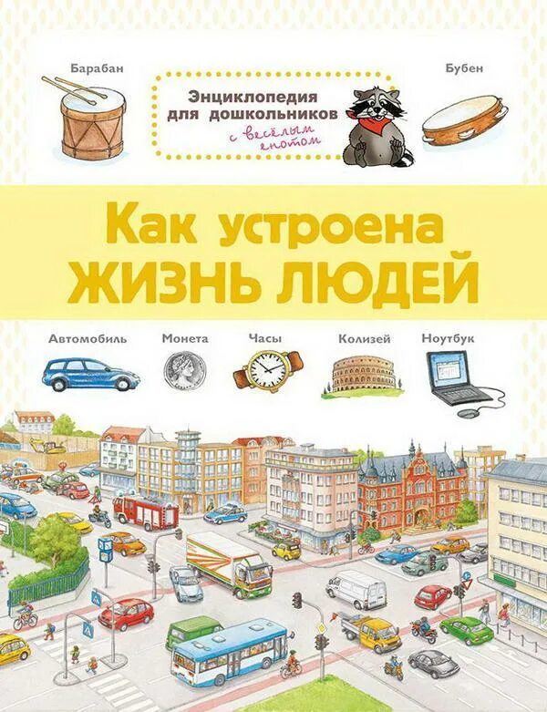 Книга как устроена жизнь. Энциклопедия для дошкольников с веселым енотом. энциклопедия дошкольника. как устроена жизнь людей. человек. энциклопедия.