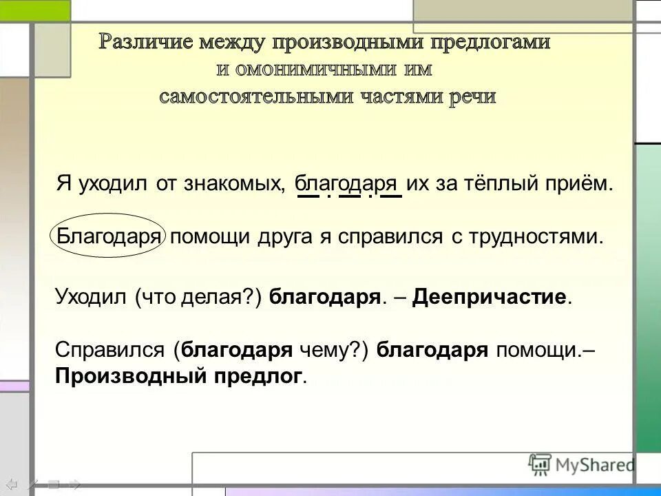 Отличие производных предлогов от других частей. Предложение с производным предлогом. Различие между производными предлогами и. Производные предлоги. Благодаря производный предлог.