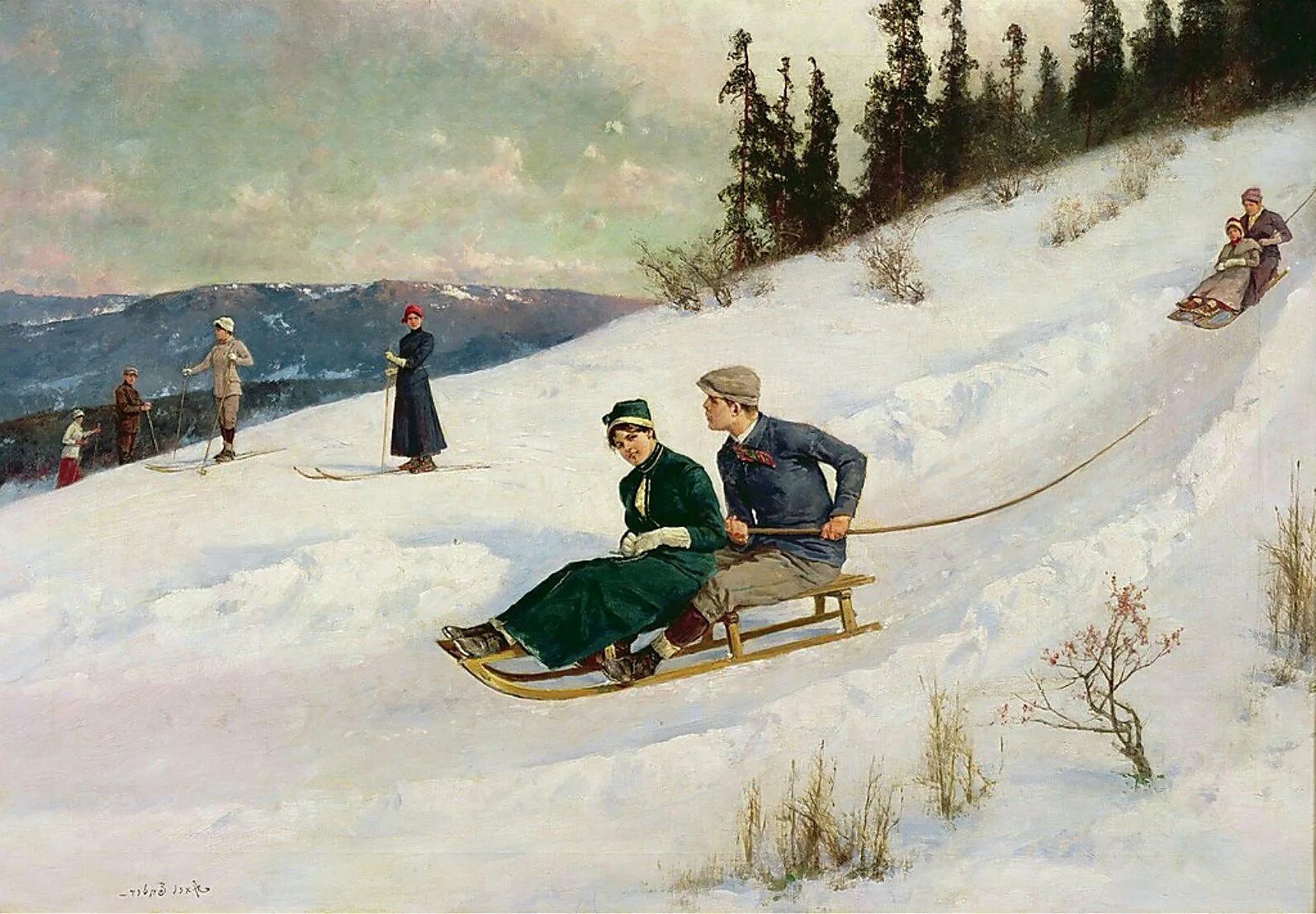 Снежки санки. Axel Ender (1853-1920) Норвегия.. Норвежский художник Axel Ender.