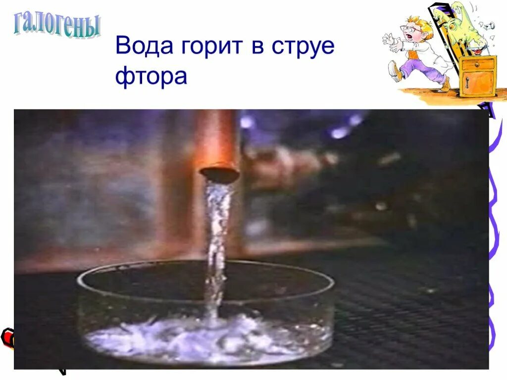 Вода горит в струе фтора. Взаимодействие фтора с водой. Реакция фтора с водой. Что горит в воде химия. Вода горит при взаимодействии с