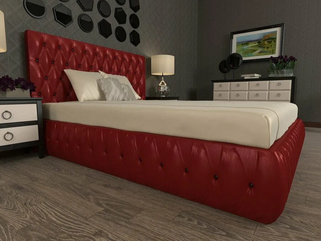 Чкаловский мебель. Красная кожаная кровать. Красный цвет изголовья кровати. Кровать с красным изголовьем. Красная кровать в интерьере.