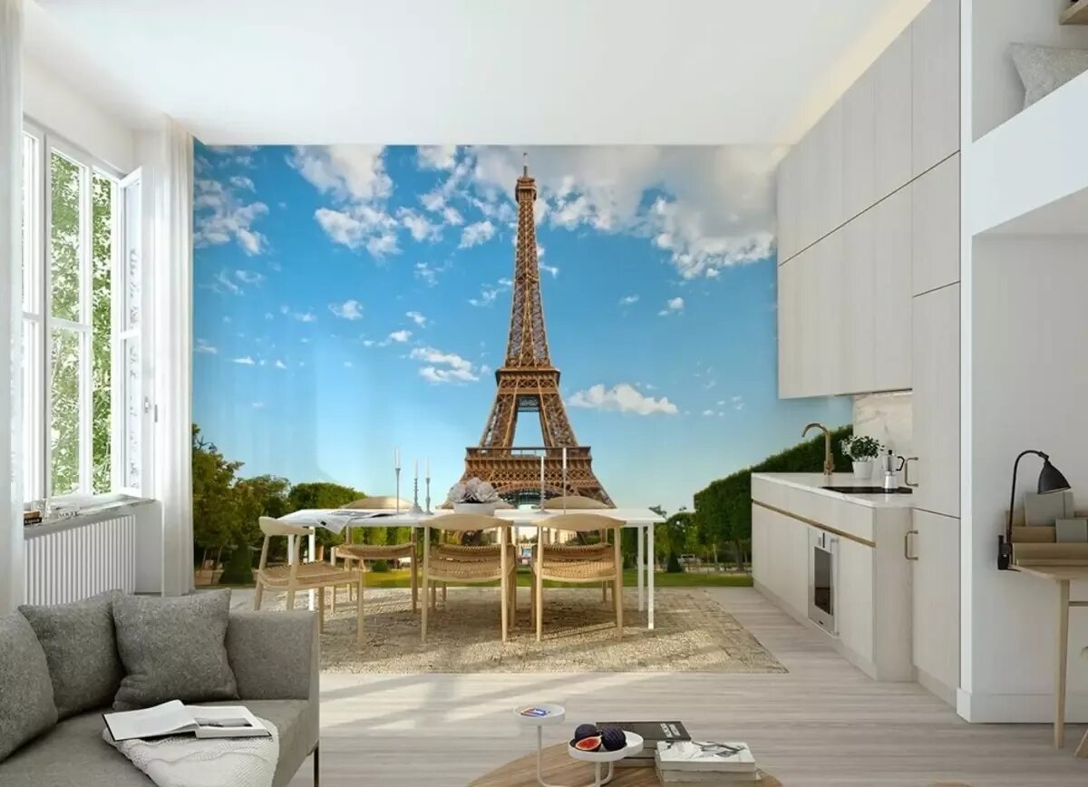 Фреска Париж Эйфелева башня. Фотообои Париж Эйфелева башня в интерьере. Фотообои в интерьере. Фотообои 3-d.