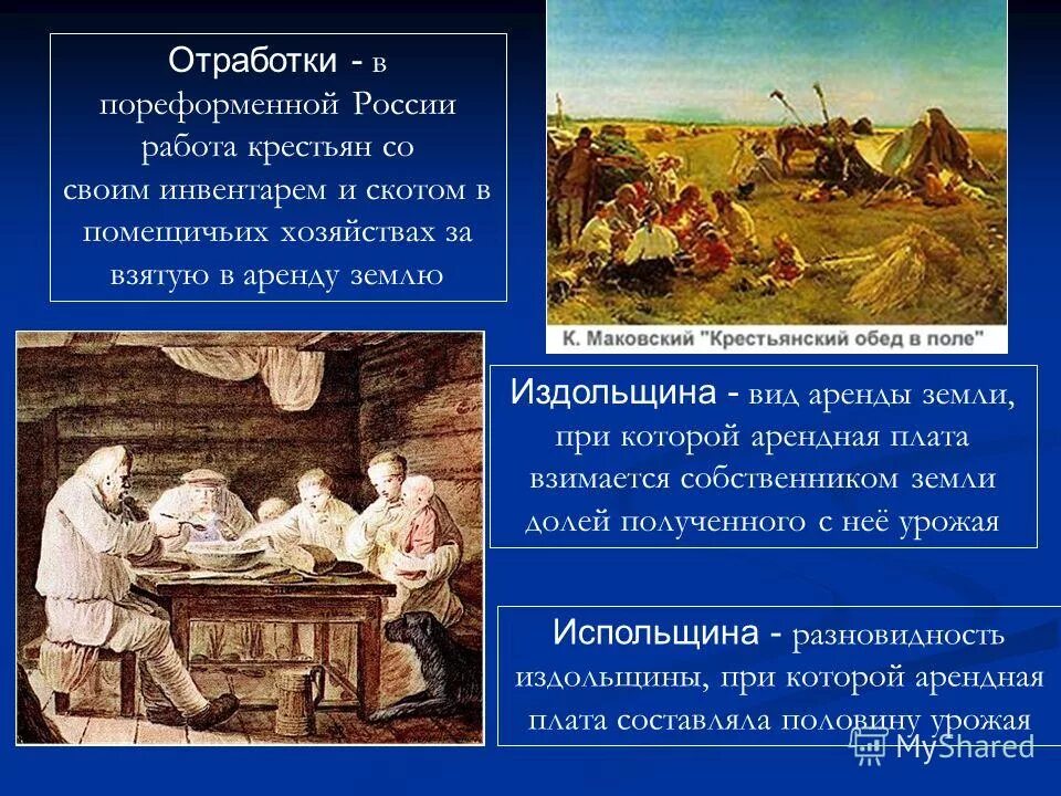 Последствия имело сохранение мелкого крестьянского хозяйства. Отработки крестьян. Помещичье и Крестьянское хозяйство. .Отработки – в пореформенной России. Пореформенное экономическое развитие России.