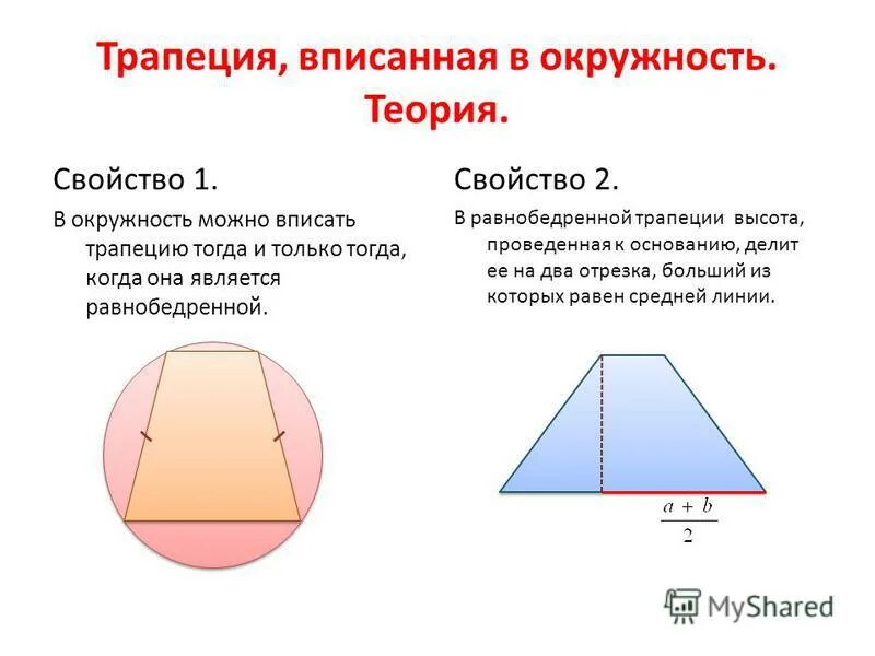 Около любой равнобедренной трапеции можно описать. Трапеция вписанная в окружность свойства. Свойство трапеции описаннойсанной в окружность. Круг вписанный в трапецию. Свойства вписанной трапец.