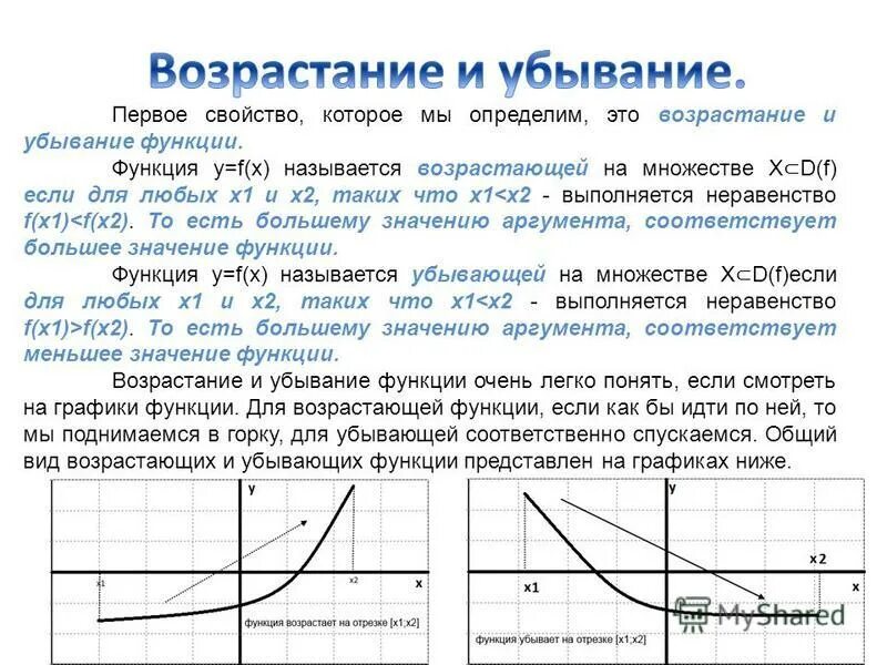 Возрастающая убывающая. Как определить возрастание функции. Функция убывает функция возрастает. Пример возрастающей функции и убывающей функции. Свойства возрастающей функции.