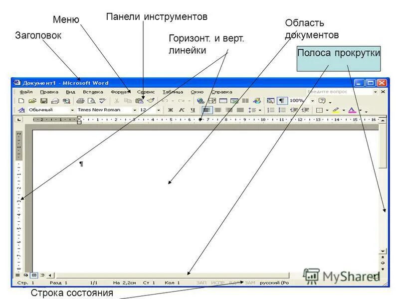 Открыть панель меню. Панель инструментов. Заголовок панели инструментов. Меню и панель инструментов. Полоса прокрутки.