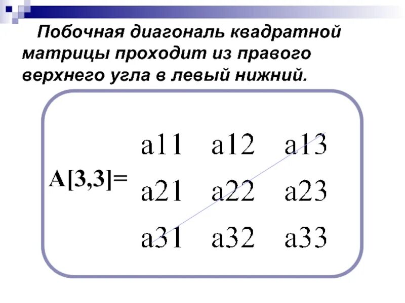 Сумма элементов побочной диагонали. Побочная диагональ матрицы. Главная диагональ прямоугольной матрицы. Элементы побочной диагонали матрицы. Главная диагональ квадратной матрицы.
