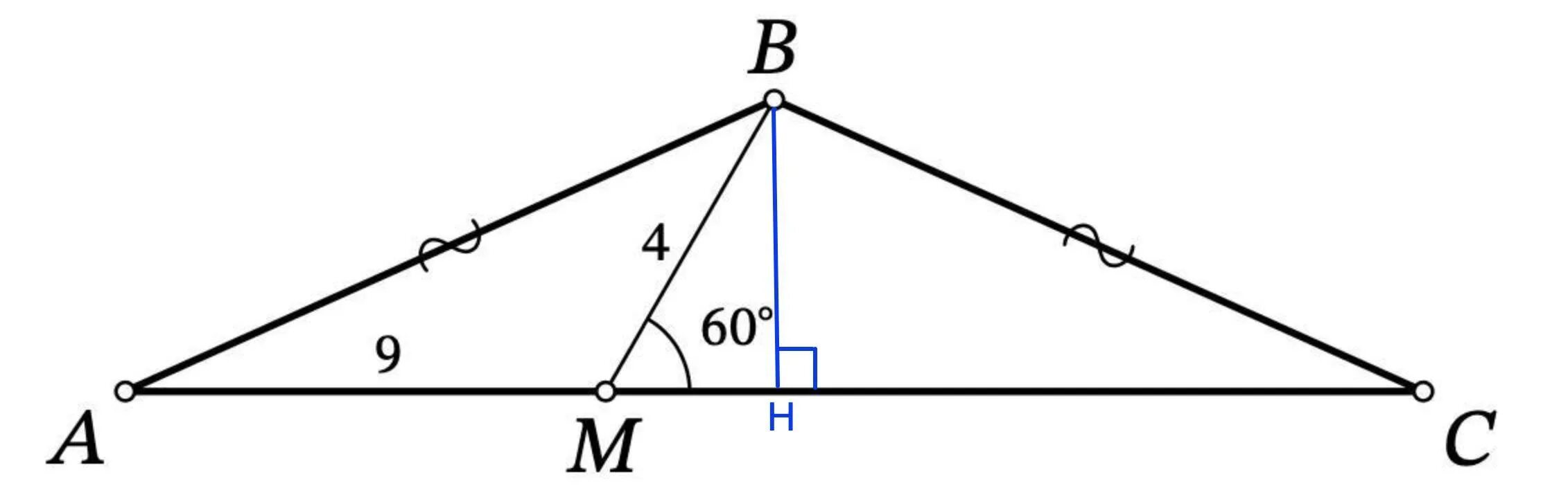 На основании АС равнобедренного треугольника АВС отметили. Треугольник АВС основание 9. Ab+BC 12 ab,BC- угол в 60. На основании BC равнобедренного треугольника ABC отмечены точки m.