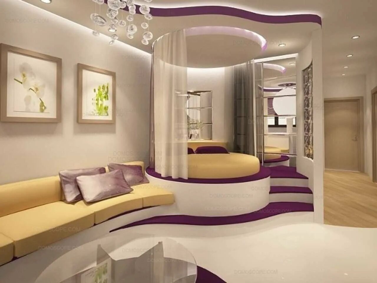 Дизайн подиум. Круглая кровать на подиуме. Круглая кровать в интерьере. Гостиная с круглой кроватью. Круглая кровать на подиуме в интерьере.