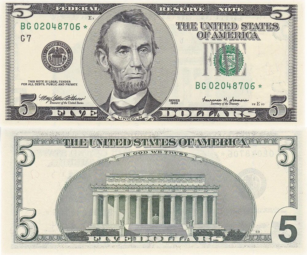 Пять долларов США 1999. 5 Долларов купюра. 5 Долларов США. Пять долларов фото. Сколько 75 долларов