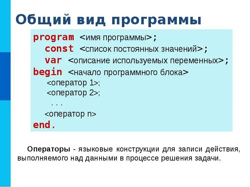 Уроки информатики паскаль. Общий вид программы на языке Паскаль 8 класс. Основные сведения о языке программирования Паскаль 8 класс. Структура программы на языке программирования Паскаль. Структура программы Паскаль 8 класс.