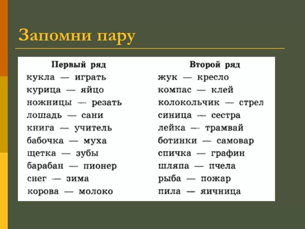 Пара слов пара фраз. Упражнение на запоминание пар слов. Пары слов для запоминания. Запомнить пары слов. Упражнение запомни пары слов.