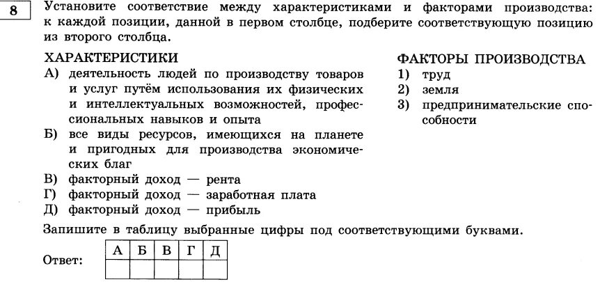 Установите соответствие между признаками и факторами производства