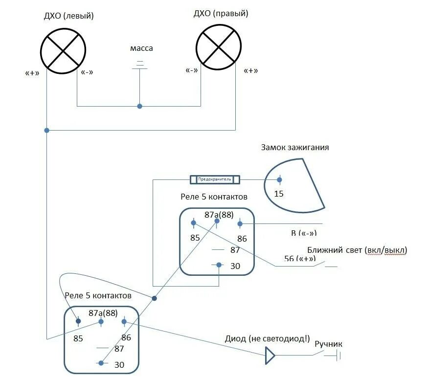 Схема подключения светодиодных ходовых огней. Схема подсоединения ходовых огней через реле. Схема подключения светодиодных ДХО. Светодиодные ДХО на ВАЗ 2115 на фары схема подключения. Как подключить дхо через