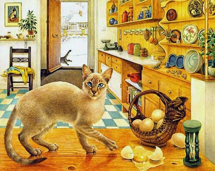Cats kitchen. Художница Лесли Энн Ивори. Кошка на кухне. Картина кошки на кухне. Кот на кухне картины.