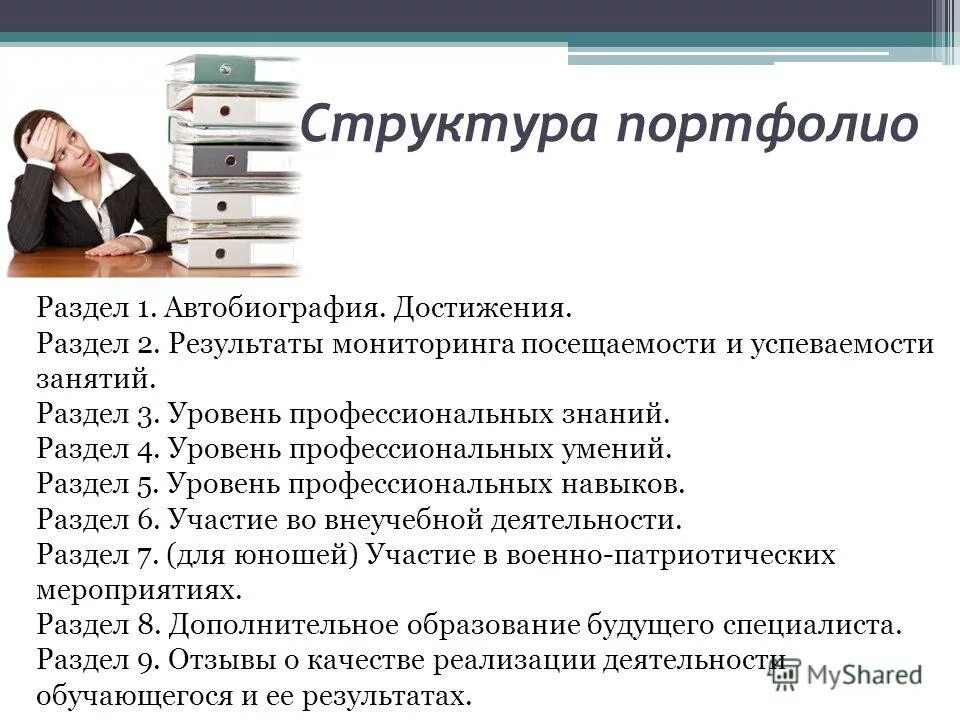 Реализация портфолио. Структура портфолио студента. составление портфолио. раздел содержание в портфолио. профессиональные достижения.