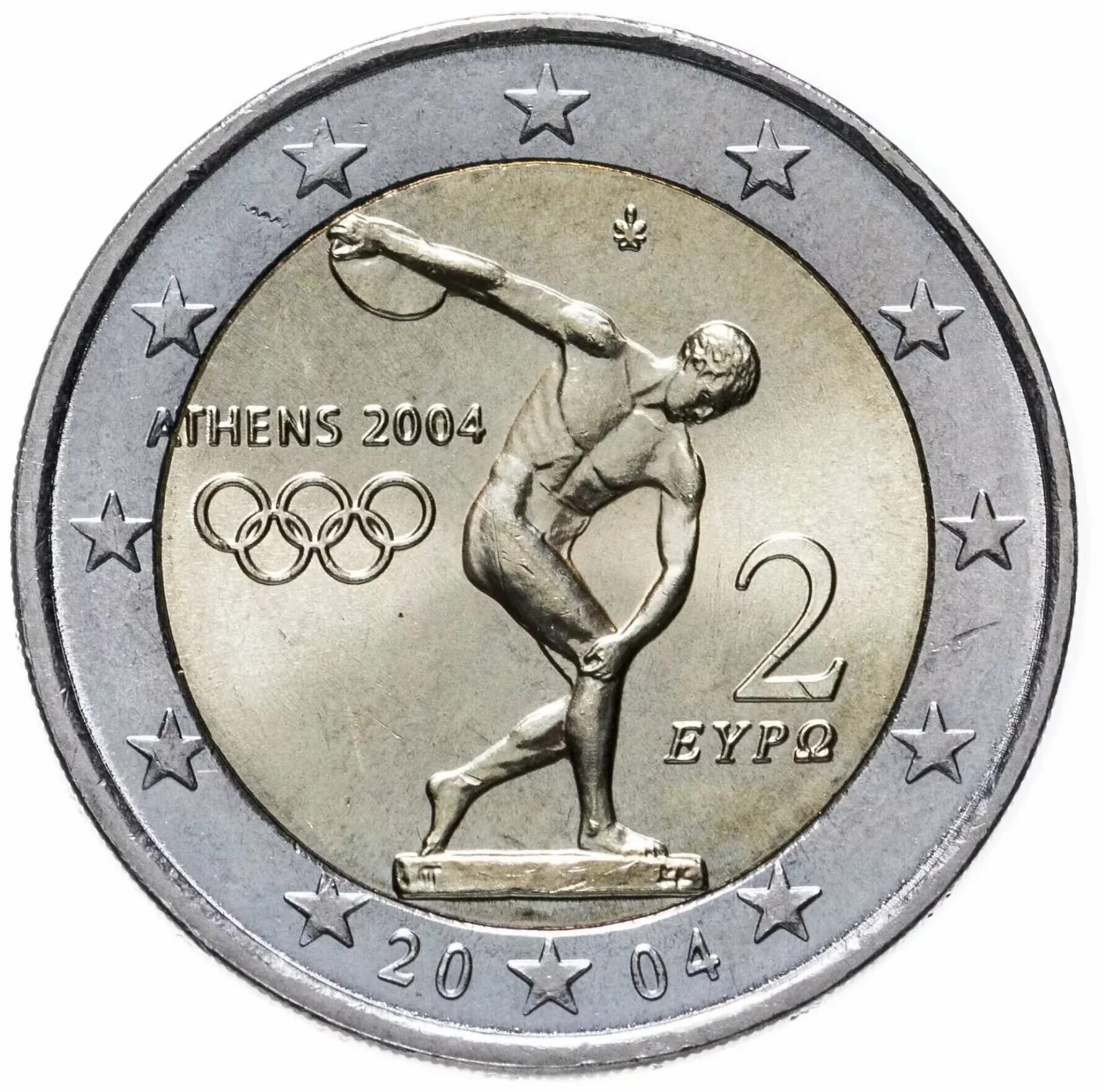 1 евро 2004. 2 евро athens 2004. греция 2 евро 2004 год - олимпийские игры в афинах. монета с дискоболом. 2 евро 2004 года.