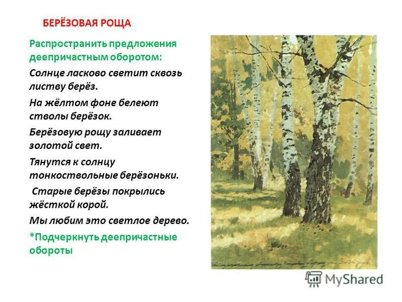 Березовая роща тутаев. Берёзовая роща левитан описание. Роща предложения. Шишкин березовая роща 1896. Берёзовая роща сосновый бор.