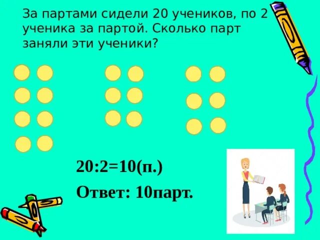 За каждой партой сидят по 2 ученика. За партами сидели 18 учеников по 2 ученика. За партами сидели 18 учеников по 2 ученика за каждой партой сколько. За партами сидели 18 учеников краткая запись.