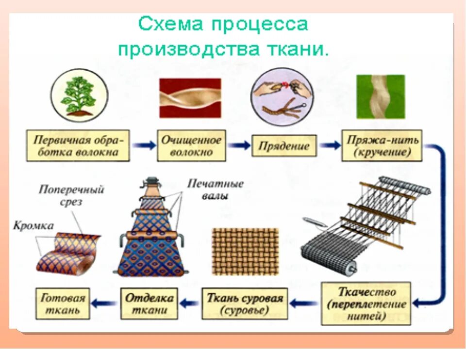 Обработка текстильных материалов 5 класс. Схема производства тканей из химических волокон. схема технологического процесса производства льняных тканей. схема процесса производства ткани 5 класс технология. этапы производства ткани.