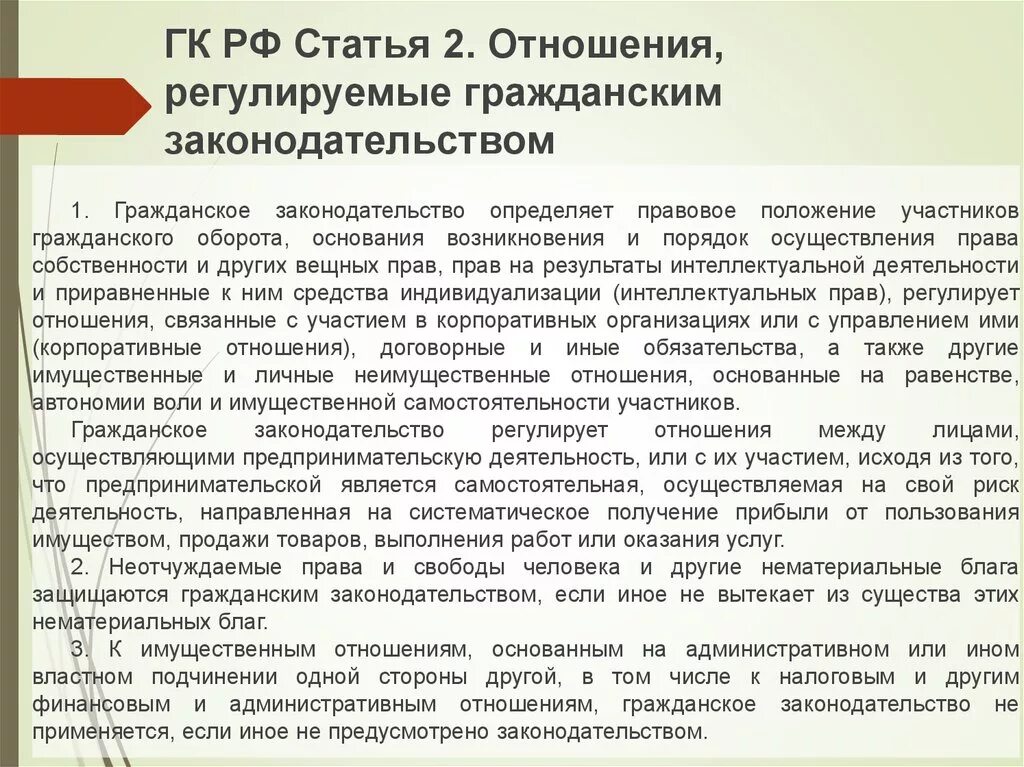 Тест гк рф. Гражданское законодательство не применяется к. Гражданский кодекс РФ (ст.2). Гражданский кодекс регулирует гражданские правоотношения. Статья 2 ГК РФ.