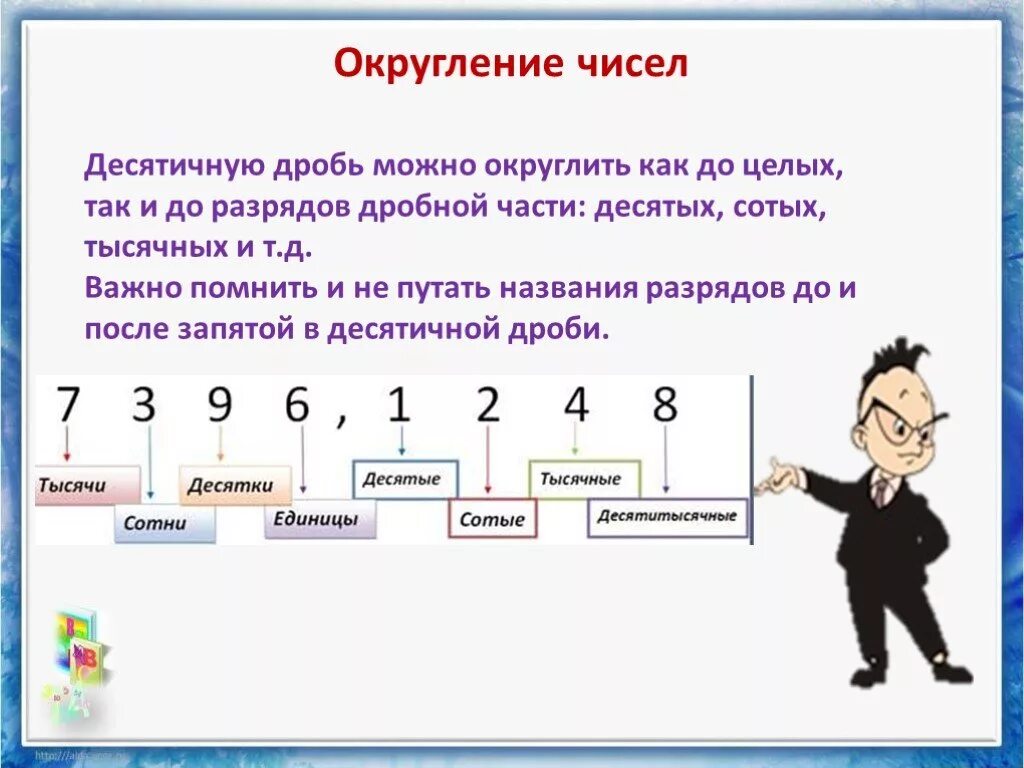 Урок округления чисел. Округление десятичных дробей разряды чисел. Математика 5 класс правило округления десятичных дробей. Разряды в десятичных дробях для округления. Таблица округления чисел.