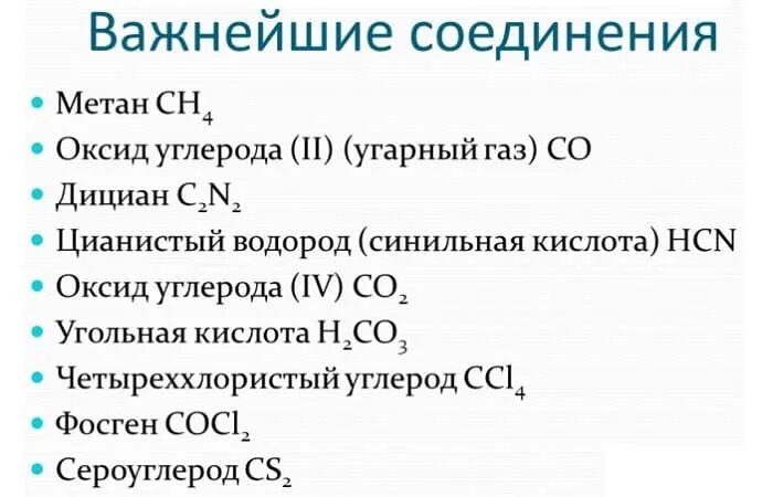 Соединения в состав которых входит углерод. Основные соединения углерода. Важнейшие соединения углерода. Углерод соединения углерода. Важнейшие соединения углерода формулы.