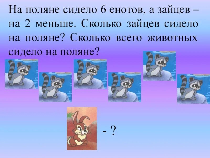 Сколько маленькому другу лет. Задания с енотом. Задачи с несколькими вопросами 1 класс перспектива презентация. Задача про енотов. Задача 6 Зайцев.