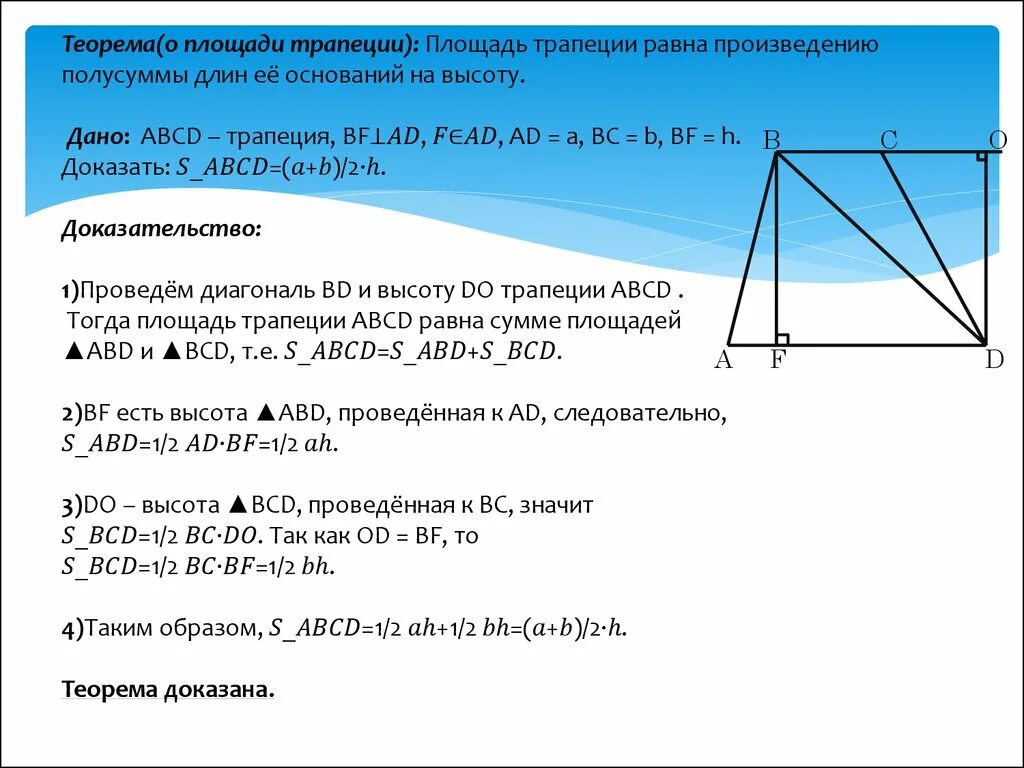 Теорема площади равнобедренной трапеции. Площадь трапеции равна произведению полусуммы оснований на высоту. Площадь трапеции равна произведению полусуммы ее оснований на высоту. Теорема о площади трапеции. Произведения полусумма оснований на высоту