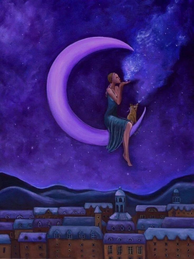 Техника лунный сон. Девушка на сиреневой Луне. Луна арт. Доброй ночи Луна арт. Сиреневая Луна.
