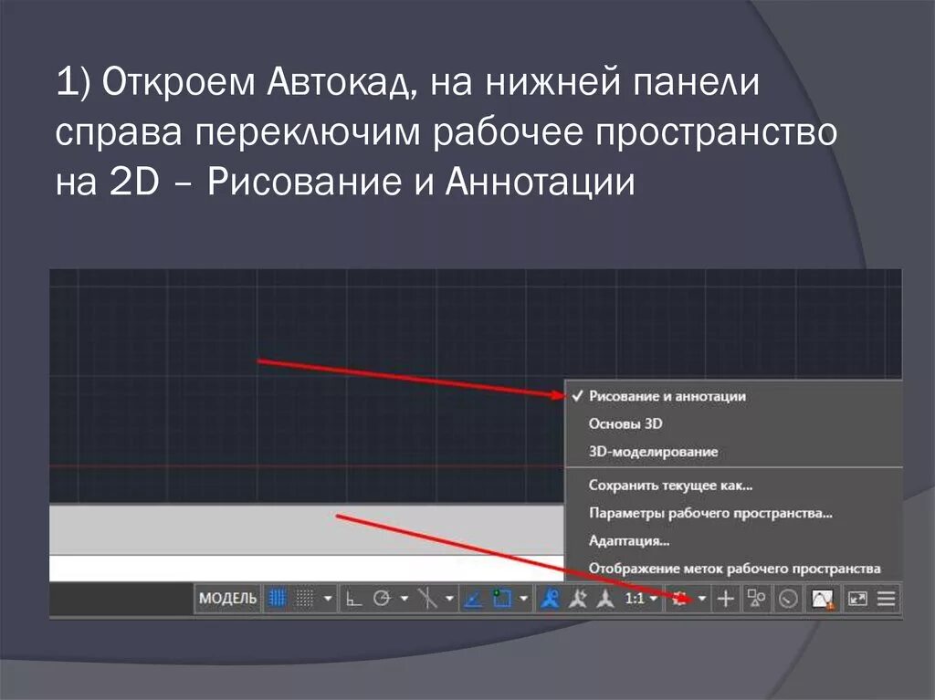 Вкладка аннотации. Аннотации в автокаде. переключение рабочего пространства в автокад. autocad рабочее пространство. нижняя панель в автокаде.