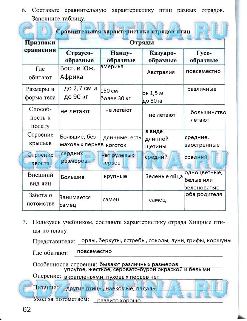 7 класс биология таблица про птиц Особенности отряда птиц таблица фото