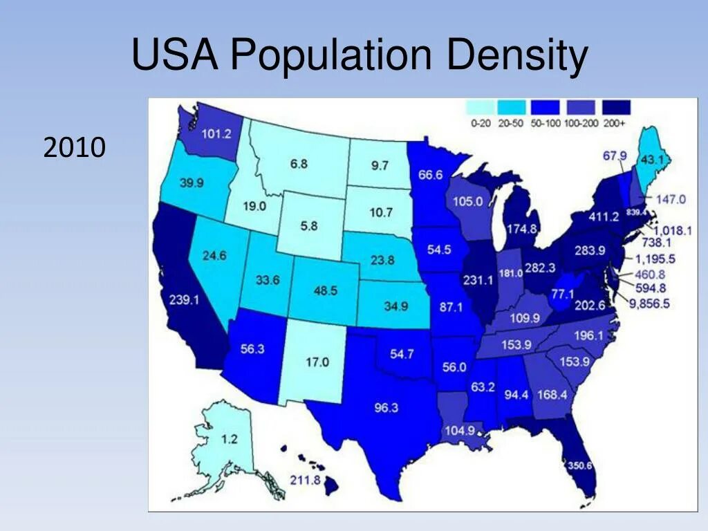 Плотность населения США по Штатам. Карта плотности населения США по Штатам. Плотность населения США на карте 2020. Размещение населения США карта.