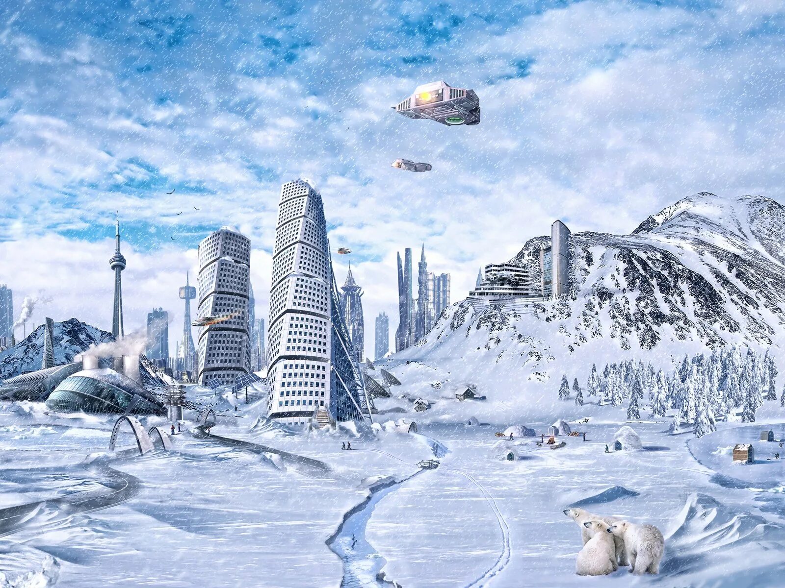 Арктический пейзаж. Лед 3 мегаполис. Йокогама 1920 год. Ноги в коньках на льду. Зимний город будущего.