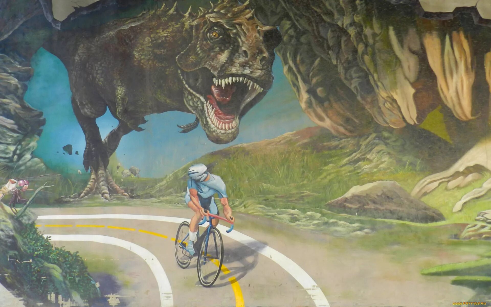 Динозавров дороги. Динозавры. Динозавр на велосипеде. Обои с динозаврами. Динозавр на дороге.