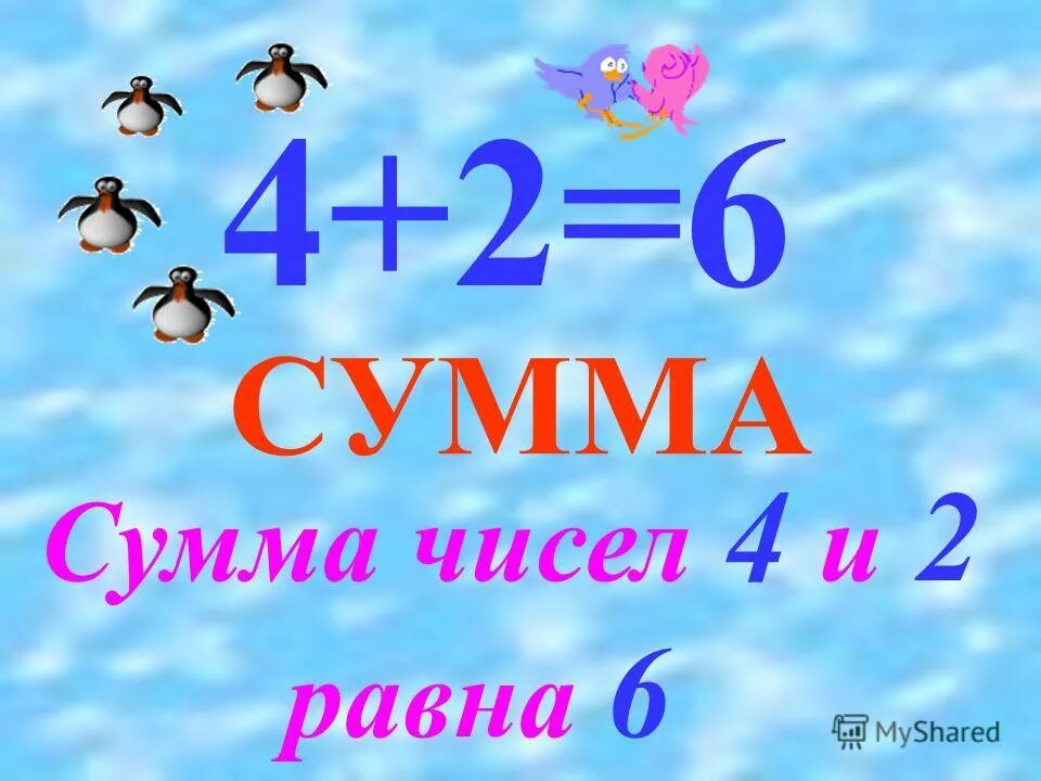 Произведение 16 сумма 6. Сумма чисел. Сумма чисел 4 и 2 равна. Сумма чисел 9 и 6 равна. Сумма суммы.