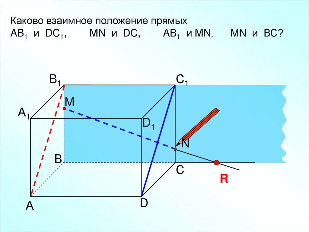Каково взаимное положение. Каково взаимное расположение прямых ab1 и bd1. каково взаимное расположение прямой ab и плоскости. каково взаимное положение прямых а1d и mn, а1d и в1с1, мn и a1b1?. каково взаимное расположение прямых ke и mh?.