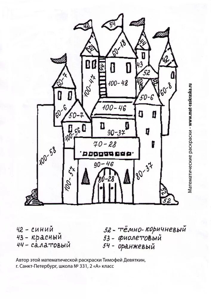 Раскраски с примерами до 100. Математическая раскраска. Математическая раскраска замок. Математическая раскраска счет до 100. Математические раскраски 2 класс.